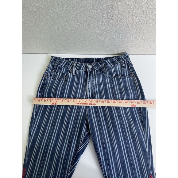 Rock & Roll Jeans 30 x 29 Blue Striped Denim Flared High Rise Red Embroidery - Picture 10 of 13